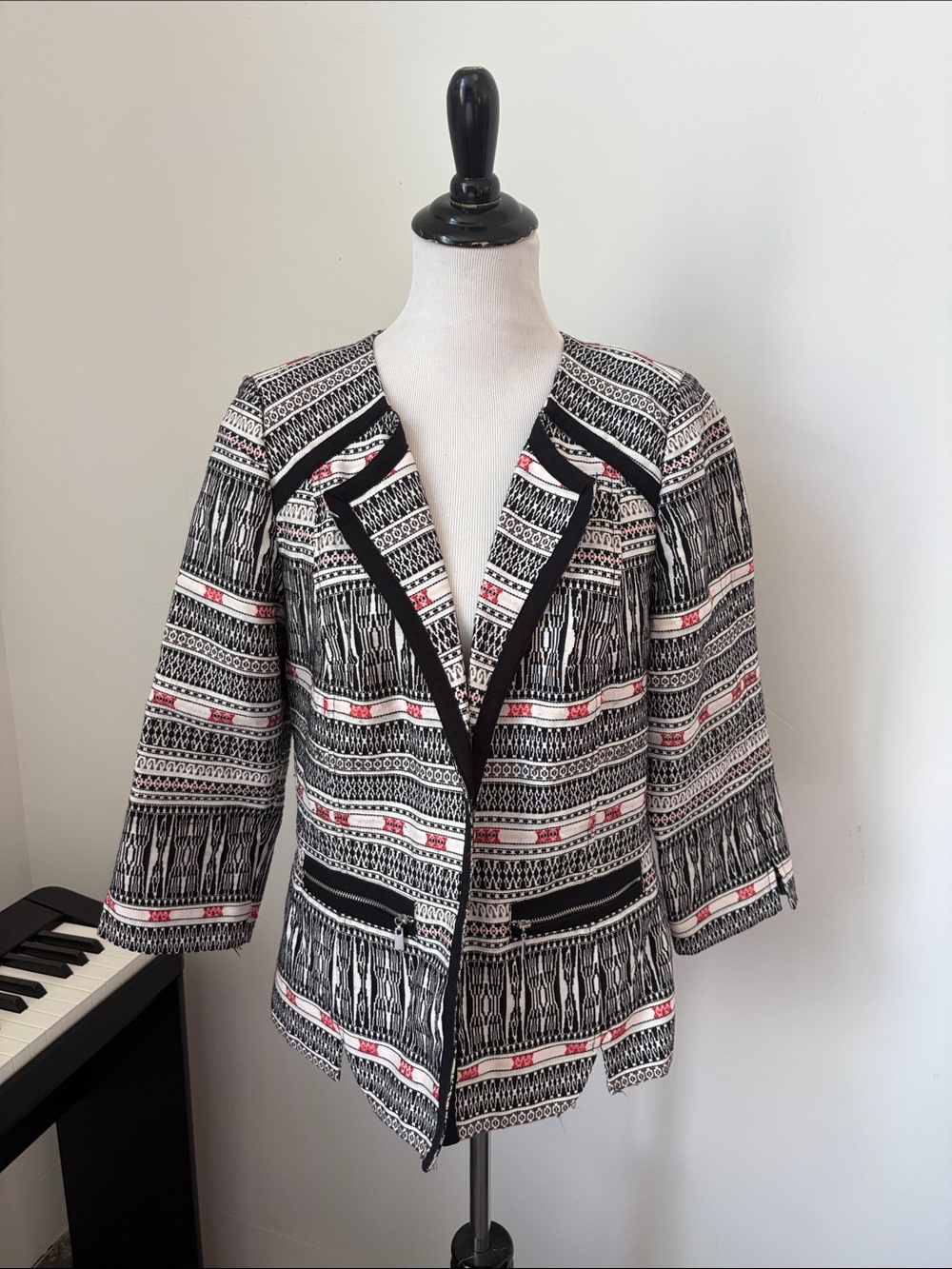 LAUNDRY BY SHELLI SEGAL Black & White Patterned Open-Front Women's Jacket